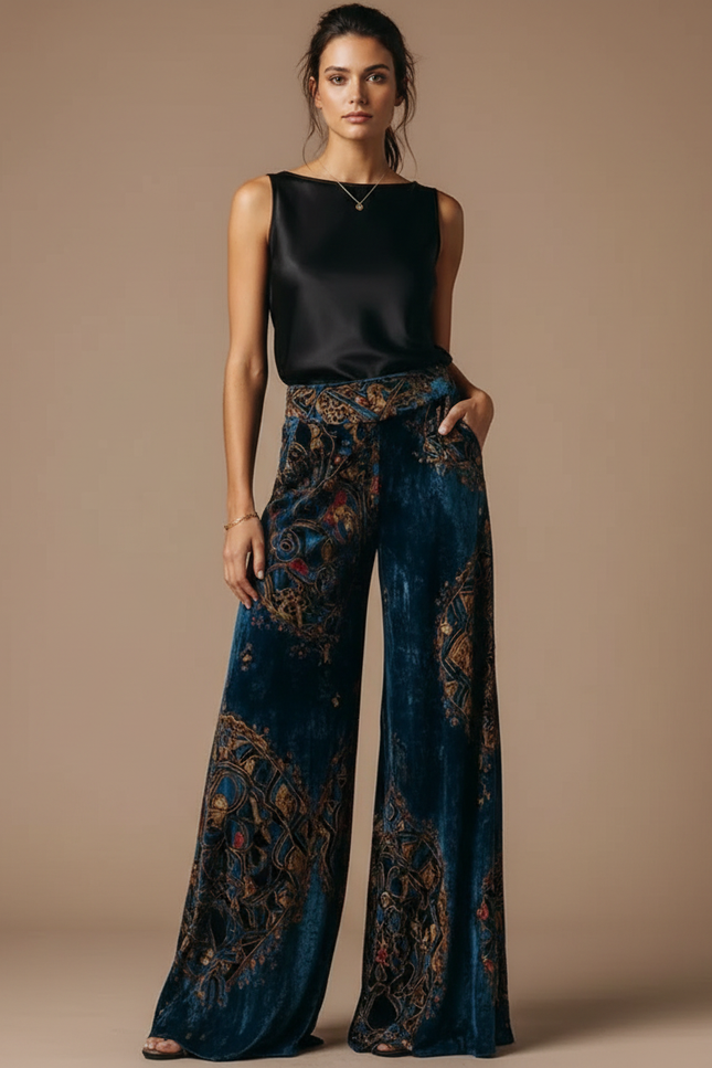 Pantalon Jupe Velours Bleu Imprimé Évasé Chic
