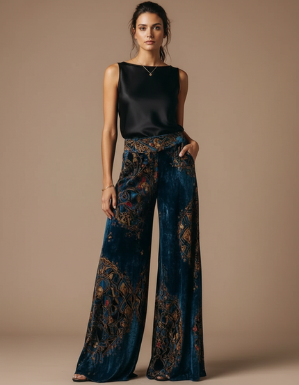 Pantalon Jupe Velours Bleu Imprimé Évasé Chic