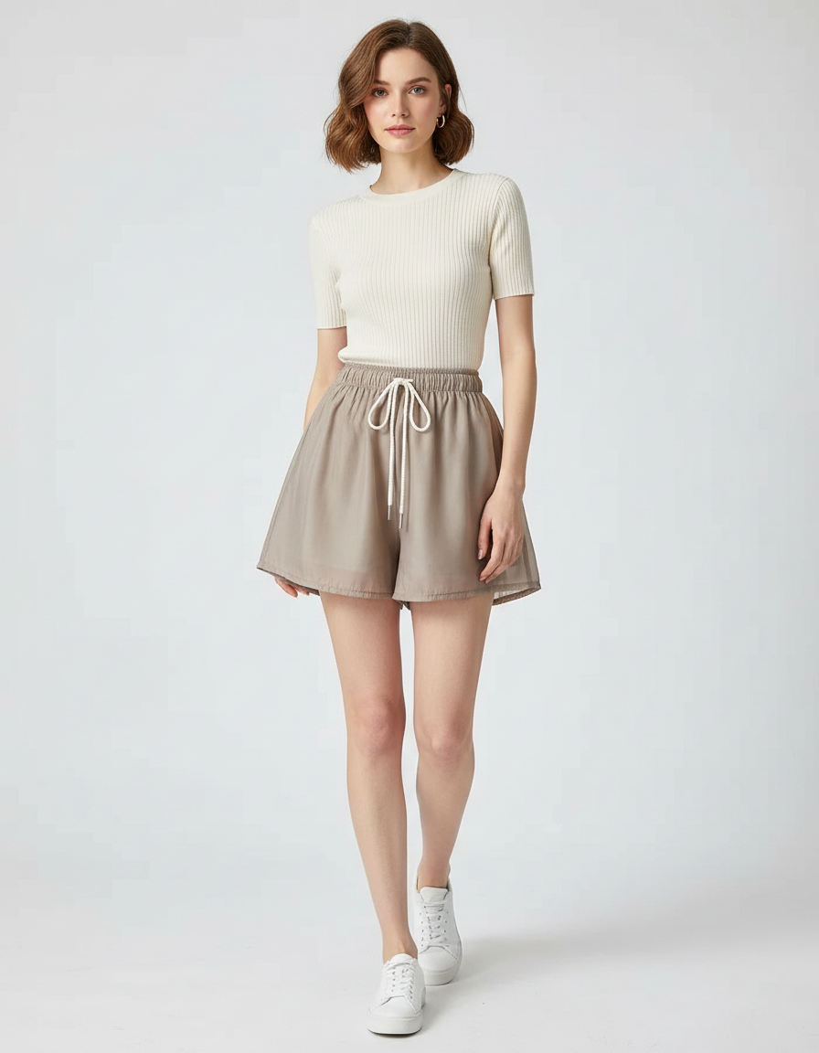 Pantalon Jupe Beige Fluide Taille Haute Cordon Chiffon Ample - Polyester