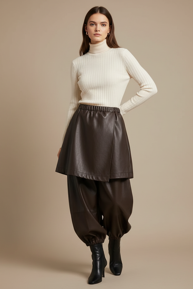 Pantalon Jupe Marron Similicuir Ample Superposé Élégant - Simili cuir