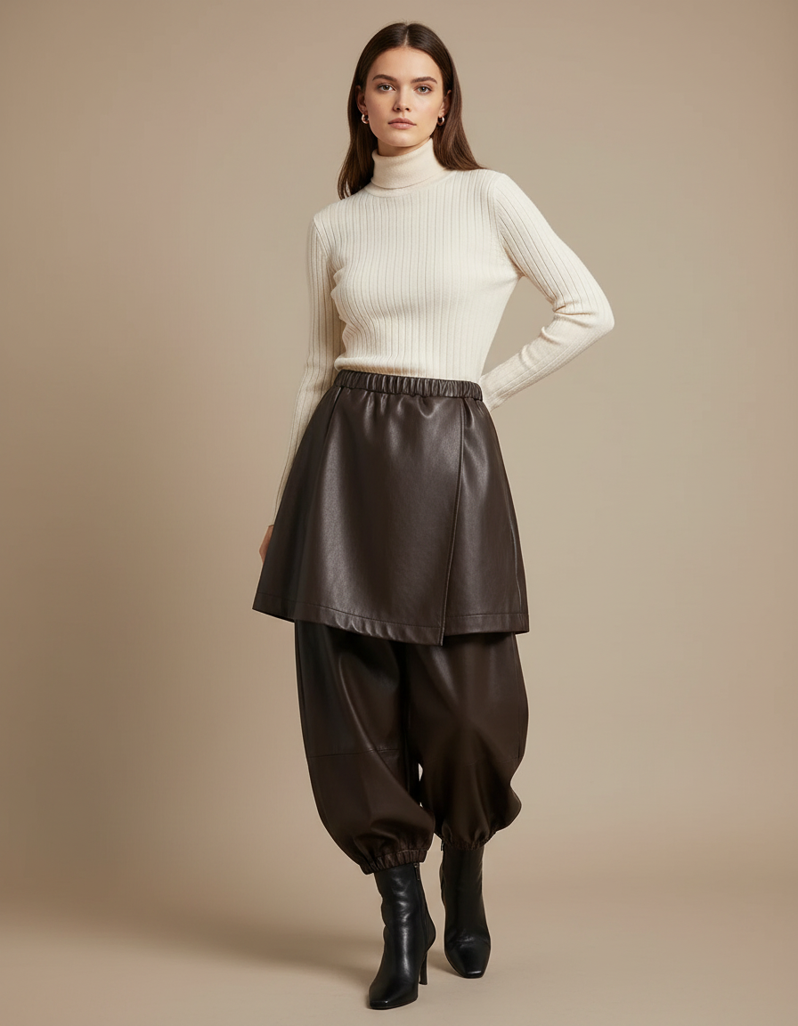 Pantalon Jupe Marron Similicuir Ample Superposé Élégant - Simili cuir