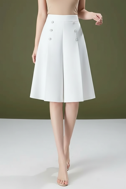 Pantalon Jupe Blanc Plissé Boutons Élégant Décontracté - Polyester