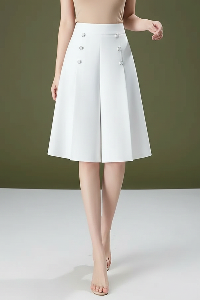 Pantalon Jupe Blanc Plissé Boutons Élégant Décontracté - Polyester