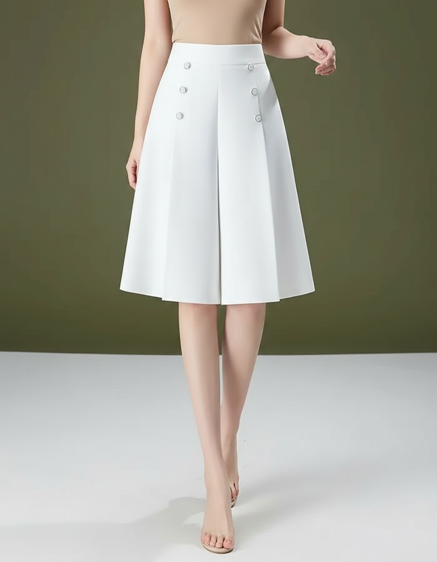 Pantalon Jupe Blanc Plissé Boutons Élégant Décontracté - Polyester