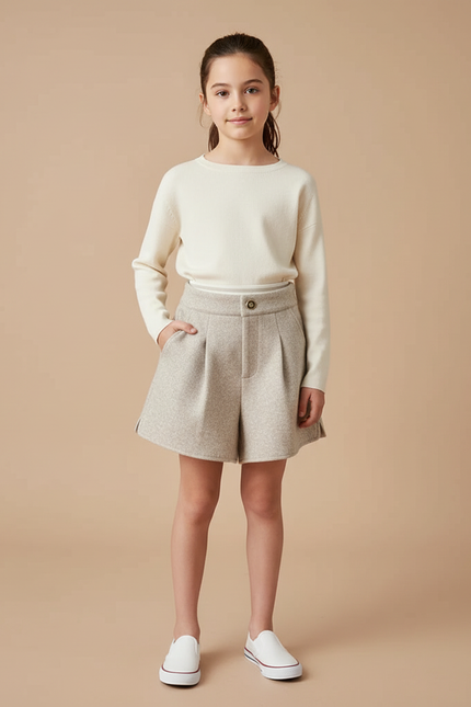 Pantalon Jupe Beige Laine Plissé Ample Enfant