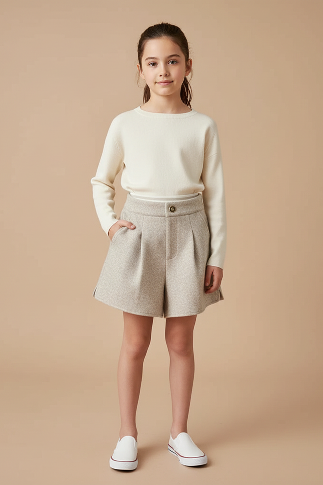 Pantalon Jupe Beige Laine Plissé Ample Enfant