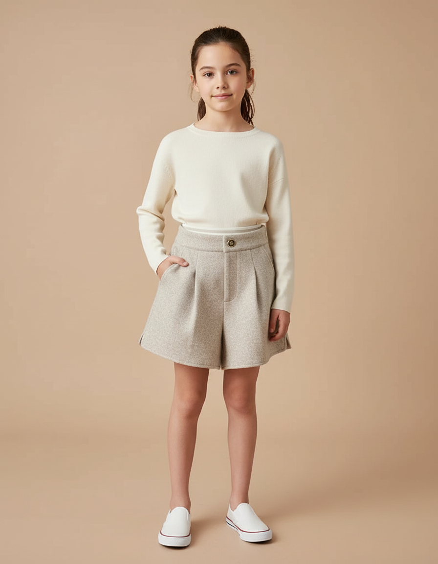Pantalon Jupe Beige Laine Plissé Ample Enfant