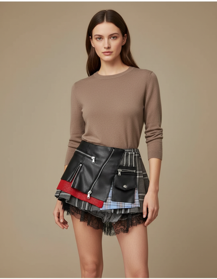 Pantalon Jupe Cuir Plaid Asymétrique Dentelle Zippée - Multicolore
