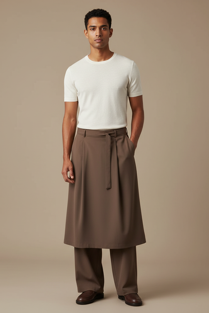 Pantalon Jupe Marron Ample Plissé Ceinturé Homme - Polyester