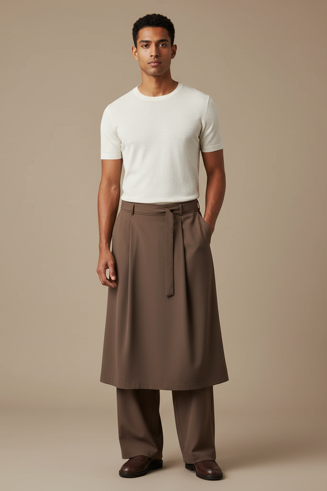 Pantalon Jupe Marron Ample Plissé Ceinturé Homme - Polyester