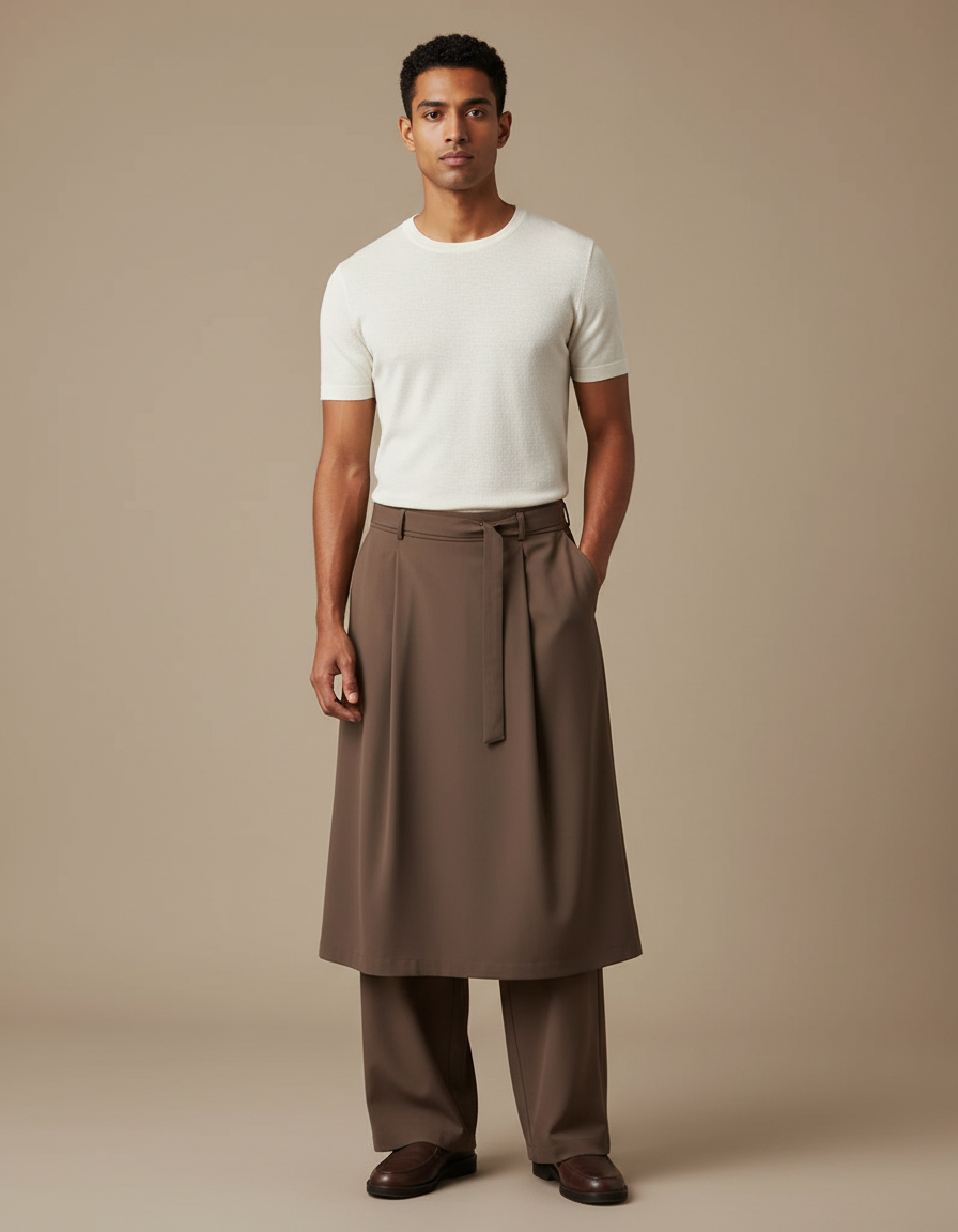 Pantalon Jupe Marron Ample Plissé Ceinturé Homme - Polyester