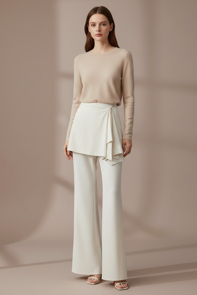 Pantalon Jupe Évasé Crème Drapé Élégant Moderne - Blanc Polyester