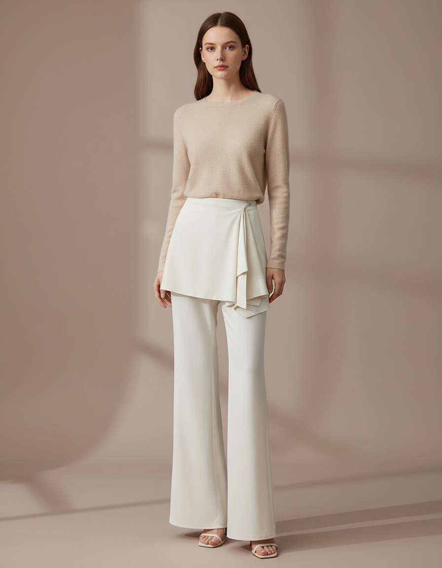 Pantalon Jupe Évasé Crème Drapé Élégant Moderne - Blanc Polyester