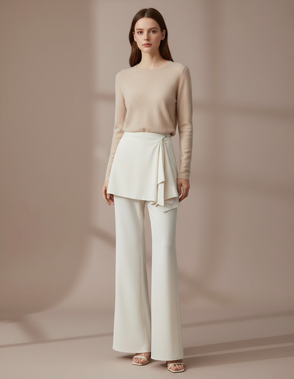 Pantalon Jupe Évasé Crème Drapé Élégant Moderne - Blanc Polyester