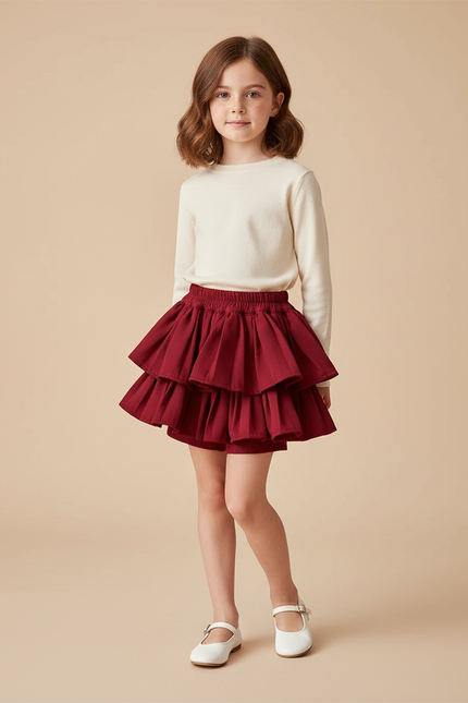 Pantalon Jupe Rouge Volants Plissé Enfant Mignon - Bordeaux Gabardine