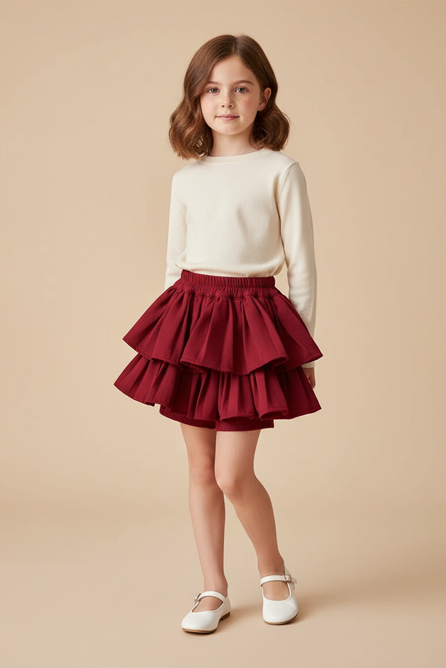 Pantalon Jupe Rouge Volants Plissé Enfant Mignon - Bordeaux Gabardine