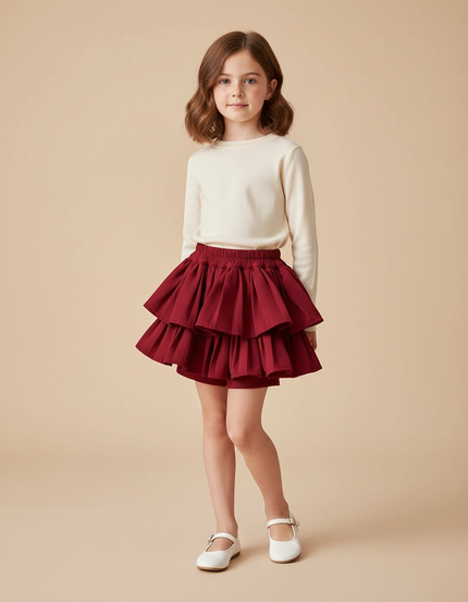 Pantalon Jupe Rouge Volants Plissé Enfant Mignon - Bordeaux Gabardine