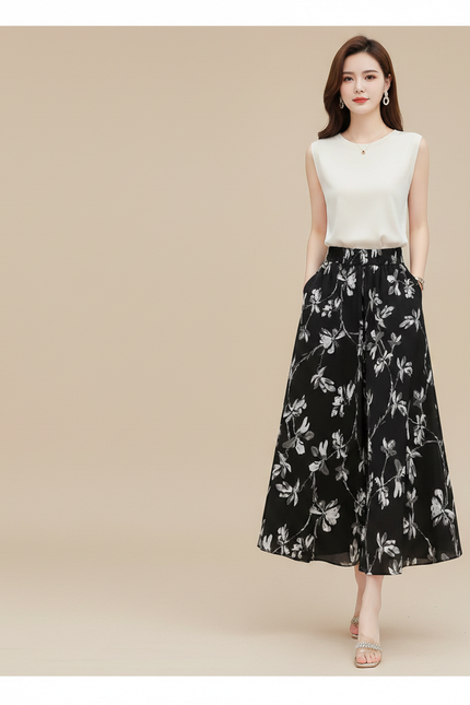 Pantalon Jupe Noir Floral Ample Chic Fluide - Polyester