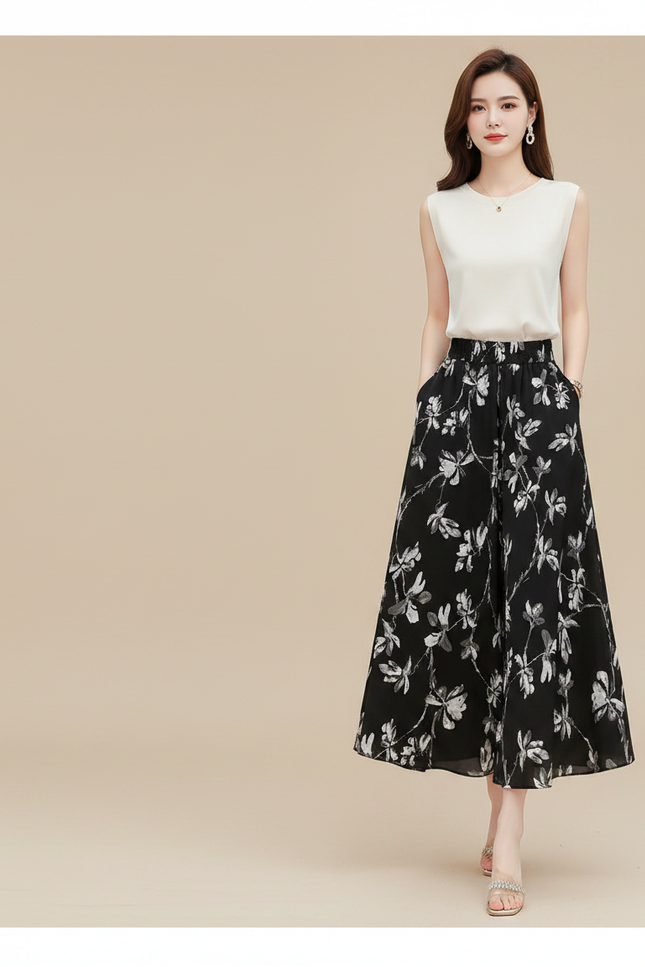 Pantalon Jupe Noir Floral Ample Chic Fluide - Polyester