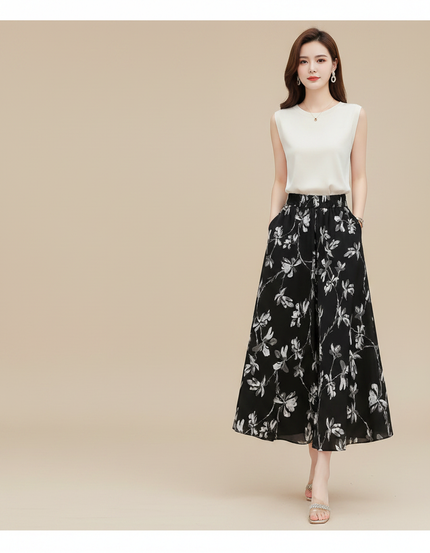 Pantalon Jupe Noir Floral Ample Chic Fluide - Polyester