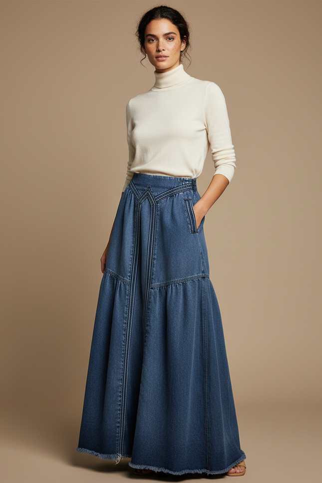 Pantalon Jupe Longue Denim Taille Haute Ample - Bleu Jean