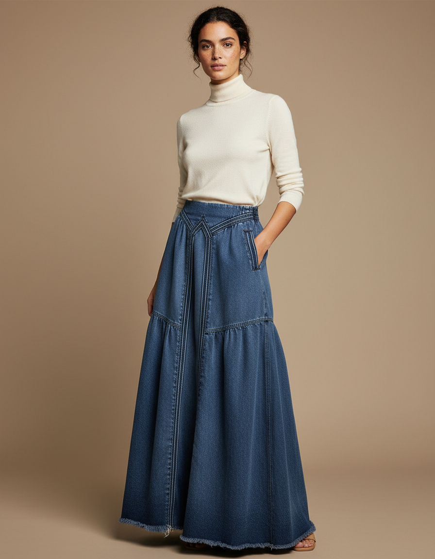 Pantalon Jupe Longue Denim Taille Haute Ample - Bleu Jean