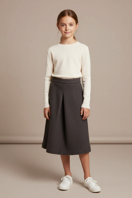 Pantalon Jupe Gris Laine Plissé Ample Fille