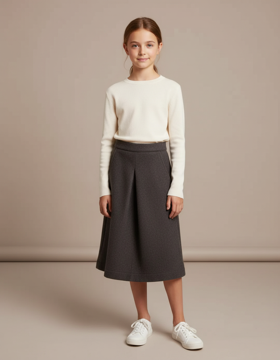 Pantalon Jupe Gris Laine Plissé Ample Fille