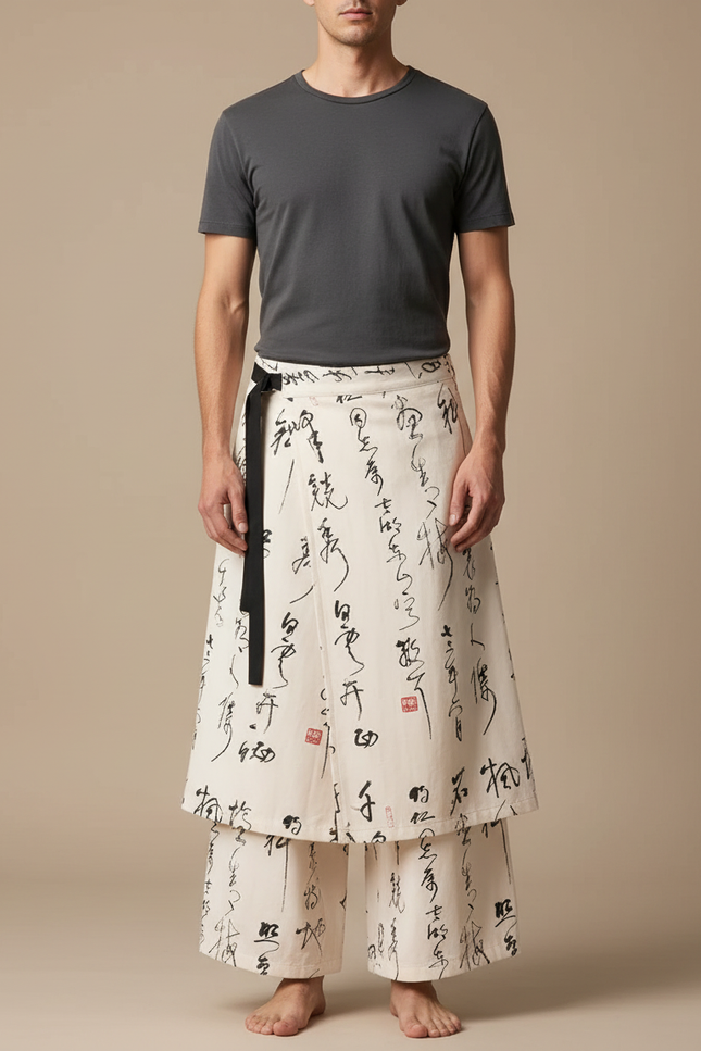 Pantalon Jupe Écru Imprimé Calligraphie Ample Coton - Beige