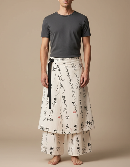 Pantalon Jupe Écru Imprimé Calligraphie Ample Coton - Beige