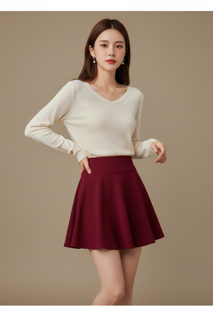 Pantalon Jupe Rouge Évasée Courte Taille Haute - Bordeaux Polyester