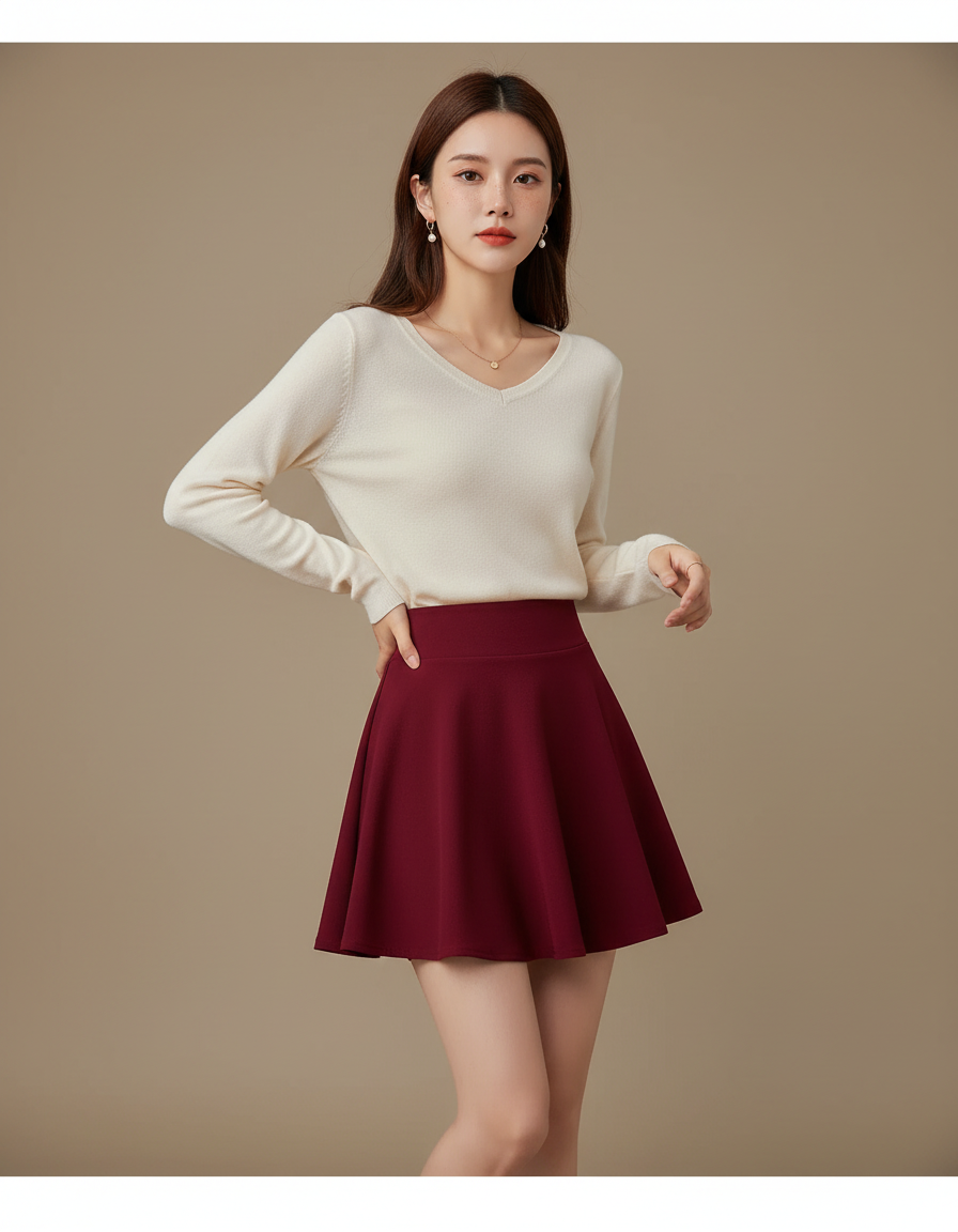 Pantalon Jupe Rouge Évasée Courte Taille Haute - Bordeaux Polyester