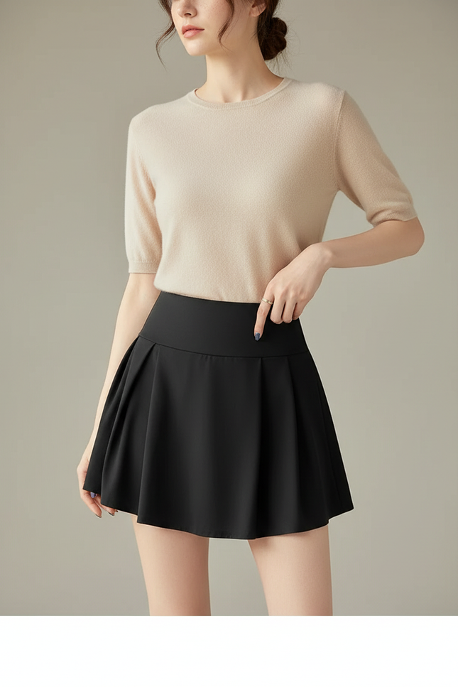 Pantalon Jupe Noir Plissé Court Sportif Intégré - Polyester