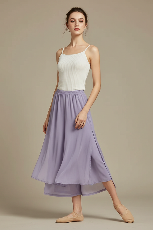 Pantalon Jupe Lavande Fluide Fendu Chiffon Léger - Violet Polyester