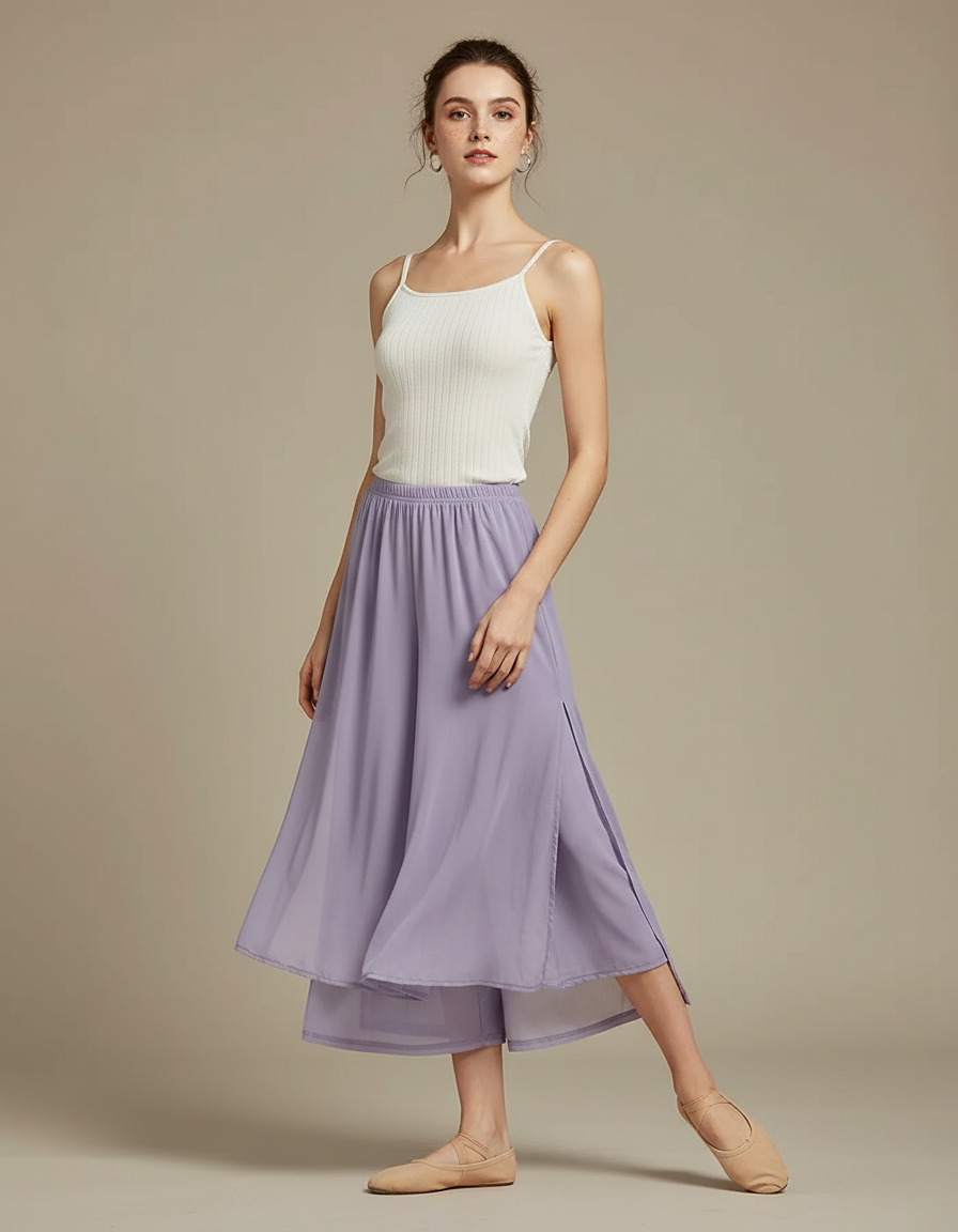Pantalon Jupe Lavande Fluide Fendu Chiffon Léger - Violet Polyester