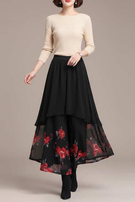 Pantalon Jupe Noir Chiffon Imprimé Floral Ample - Polyester
