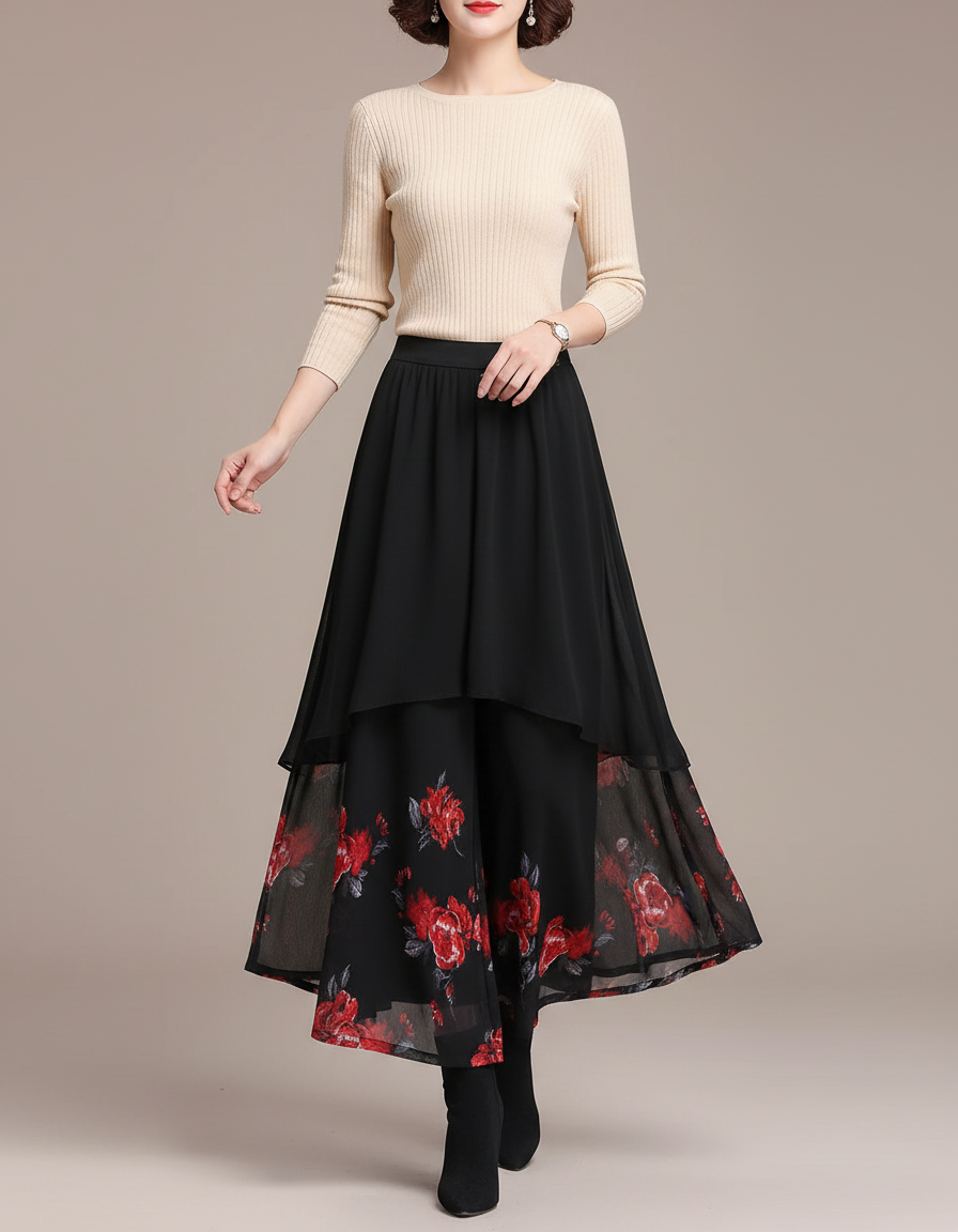 Pantalon Jupe Noir Chiffon Imprimé Floral Ample - Polyester