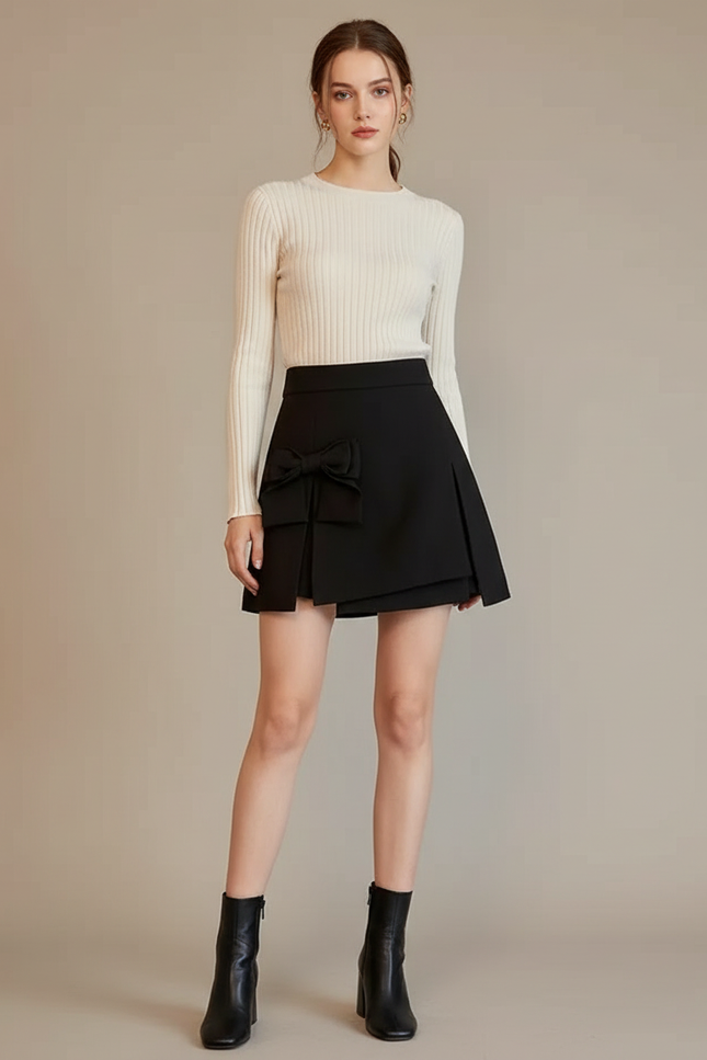 Pantalon Jupe Noir Plissé Nœud Élégant Court - Polyester