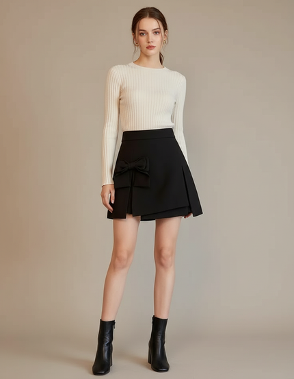 Pantalon Jupe Noir Plissé Nœud Élégant Court - Polyester