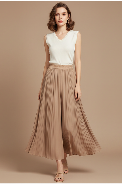 Pantalon Jupe Plissé Fluide Ample Élégant - Camel Polyester