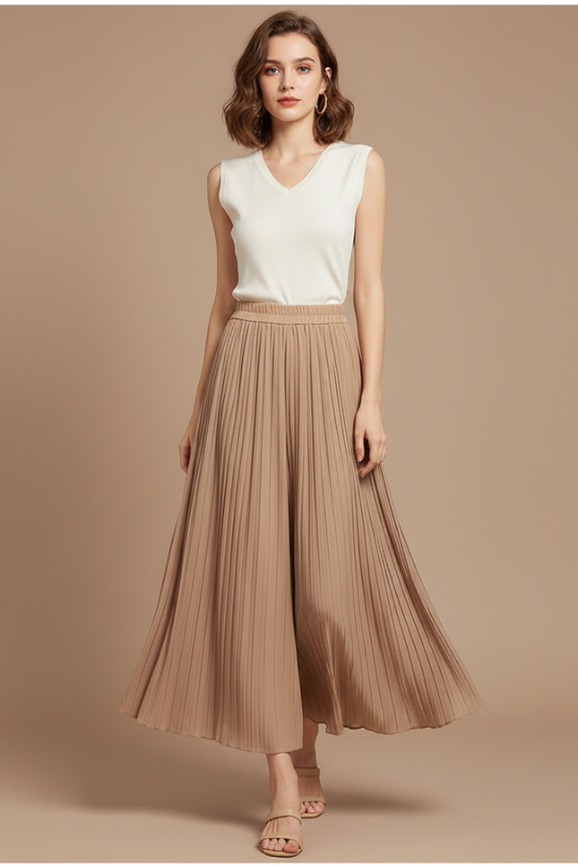 Pantalon Jupe Plissé Fluide Ample Élégant - Camel Polyester