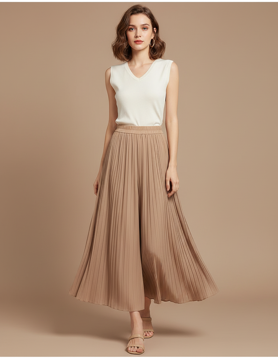 Pantalon Jupe Plissé Fluide Ample Élégant - Camel Polyester