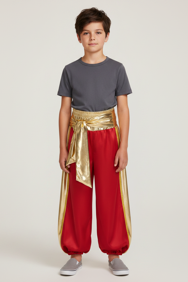 Pantalon Jupe Rouge Satiné Drapé Doré Garçon Cosplay