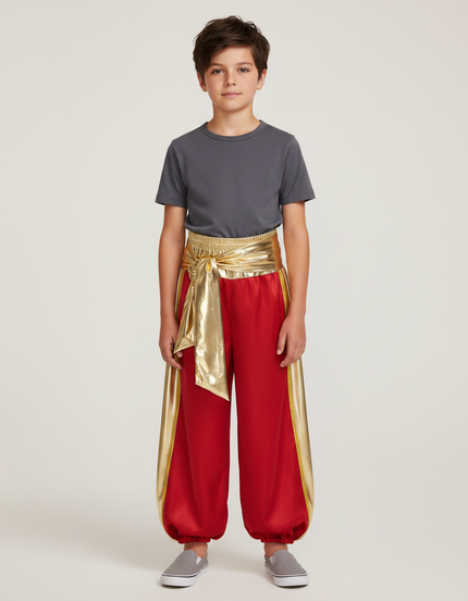 Pantalon Jupe Rouge Satiné Drapé Doré Garçon Cosplay