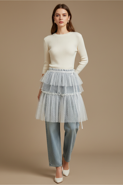 Pantalon Jupe Bleu Tulle Superposé Pois Blanc - Jean