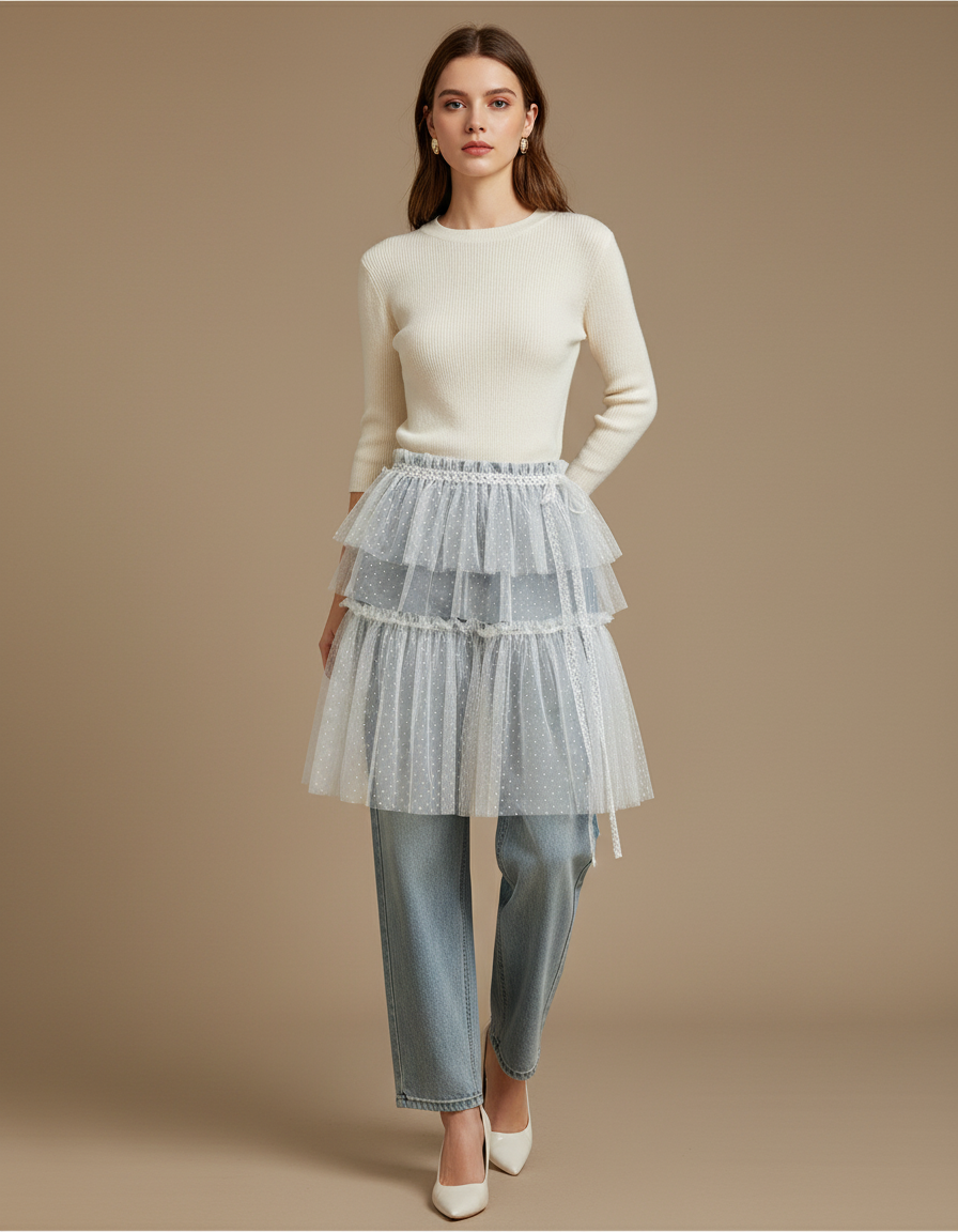 Pantalon Jupe Bleu Tulle Superposé Pois Blanc - Jean