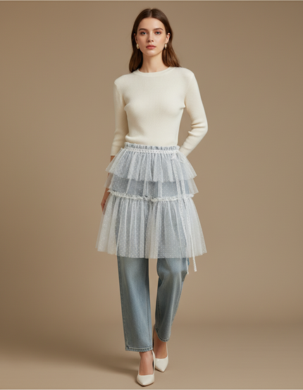 Pantalon Jupe Bleu Tulle Superposé Pois Blanc - Jean