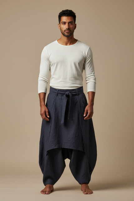 Pantalon Jupe Homme Ample Lin Plissé Asymétrique Bleu - Marine