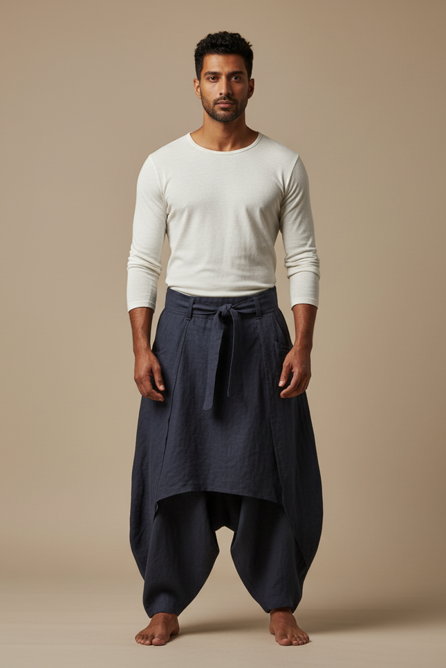 Pantalon Jupe Homme Ample Lin Plissé Asymétrique Bleu - Marine