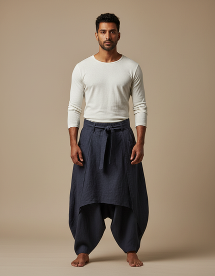 Pantalon Jupe Homme Ample Lin Plissé Asymétrique Bleu - Marine